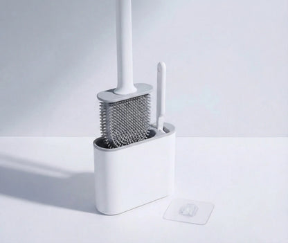 Brosse WC silicone 2 en 1 gris avec support mural adhésif – accessoire salle de bain moderne