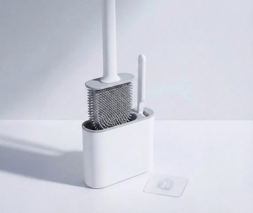 Brosse WC silicone 2 en 1 gris avec support mural adhésif – accessoire salle de bain moderne