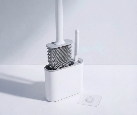 Brosse WC silicone 2 en 1 gris avec support mural adhésif – accessoire salle de bain moderne