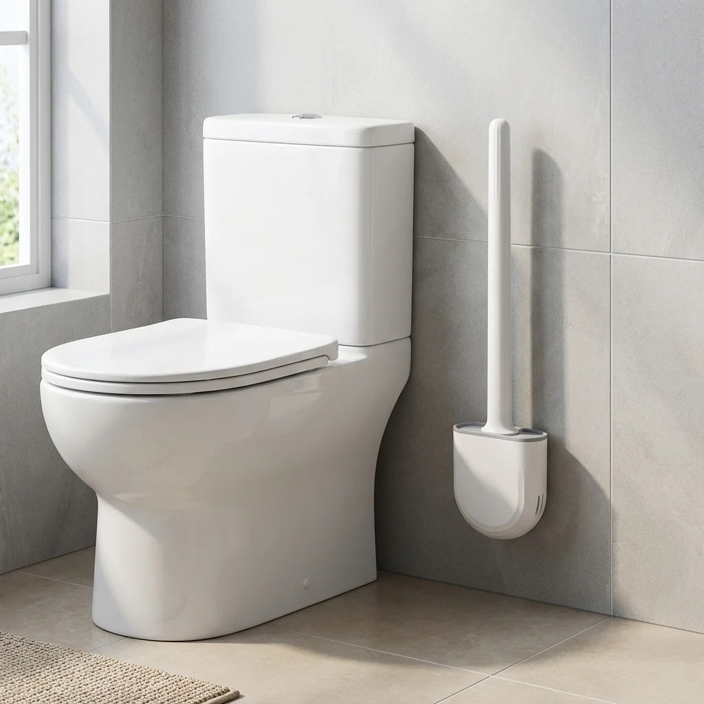 Brosse WC silicone murale gris clair installée au mur dans une salle de bain moderne