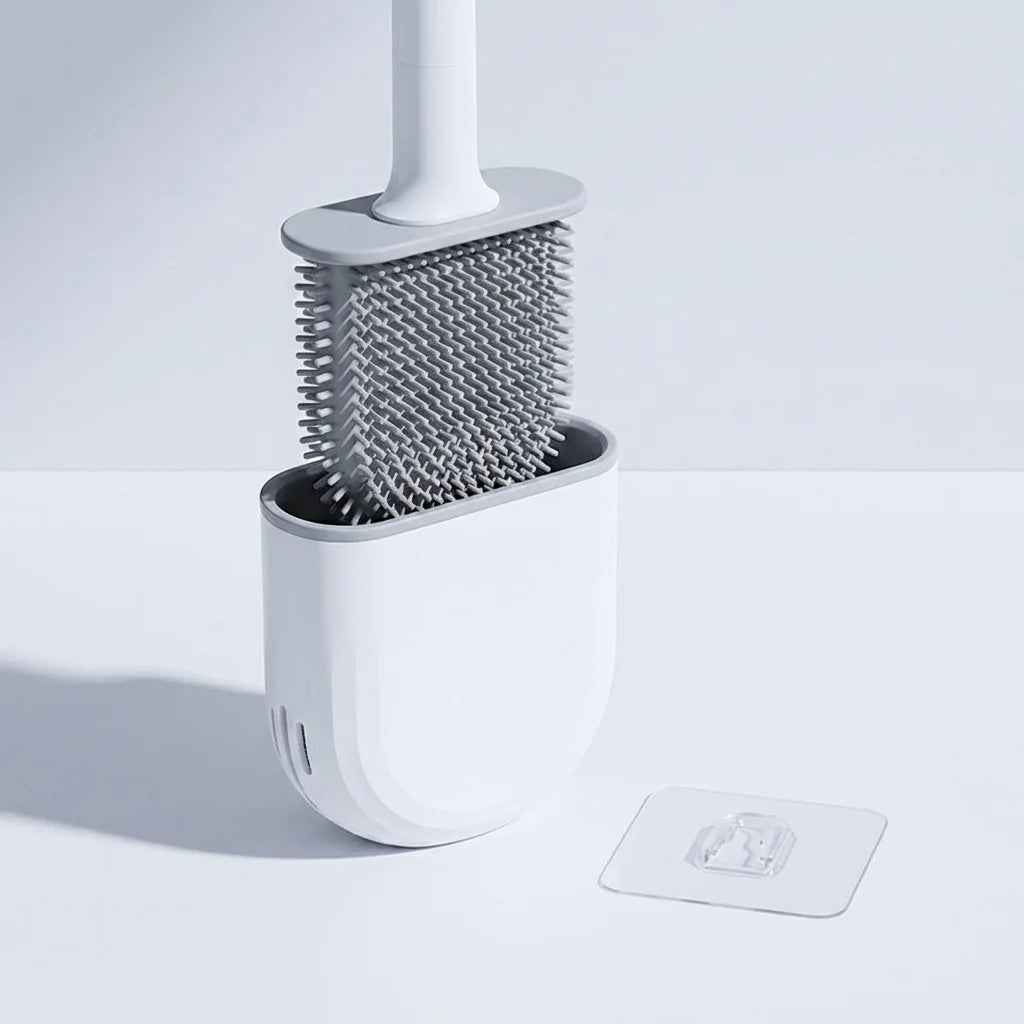 Brosse WC silicone murale gris clair avec support adhésif pour salle de bain moderne