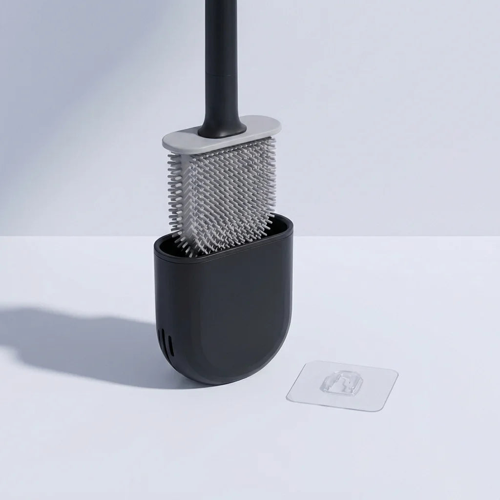 Brosse WC silicone murale noire avec support adhésif pour salle de bain moderne