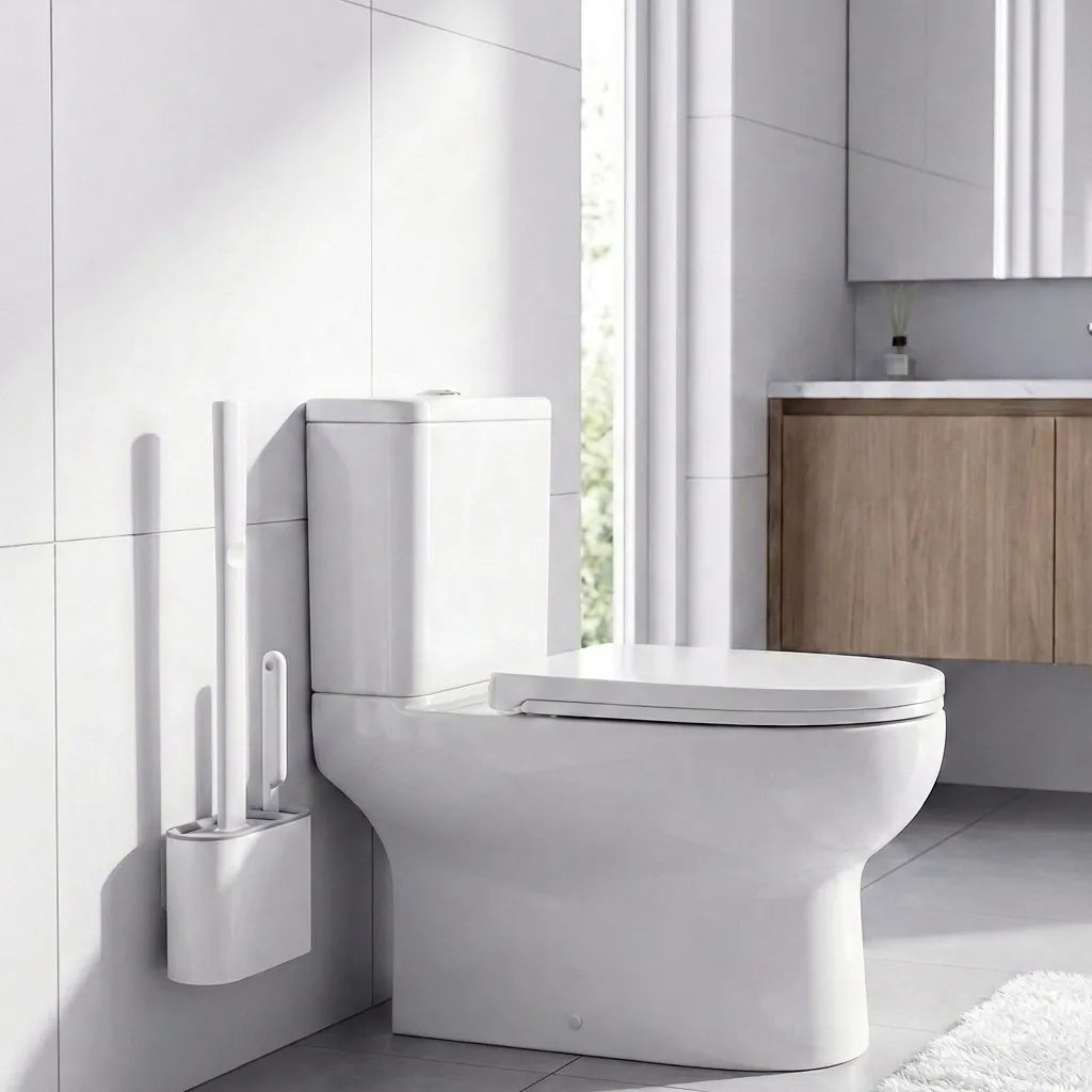 Brosse WC silicone grise avec support mural adhésif installée dans une salle de bain moderne